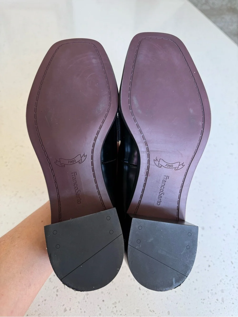 Franco Sarto Black Leather Loafers with Gold Hardware